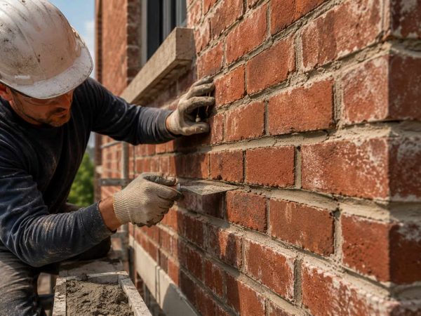 Professional brick restoration service restoring damaged brickwork and mortar joints on a residential building exterior.