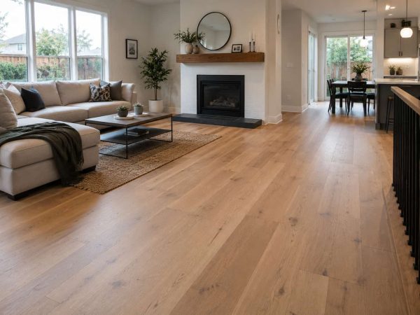 Modern hardwood flooring installation in a bright open-concept home featuring natural wood floors, spacious living areas, and professional residential flooring services.