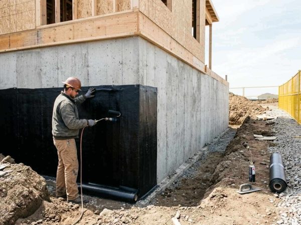 Alt Text: A male professional applying a thick black waterproofing membrane to the exterior concrete foundation wall of a residential building under construction. The shot is taken from a medium-wide angle, showing a clean, natural work site with gravel, a trenched dirt area, and roofing felt rolls nearby under a clear sky.