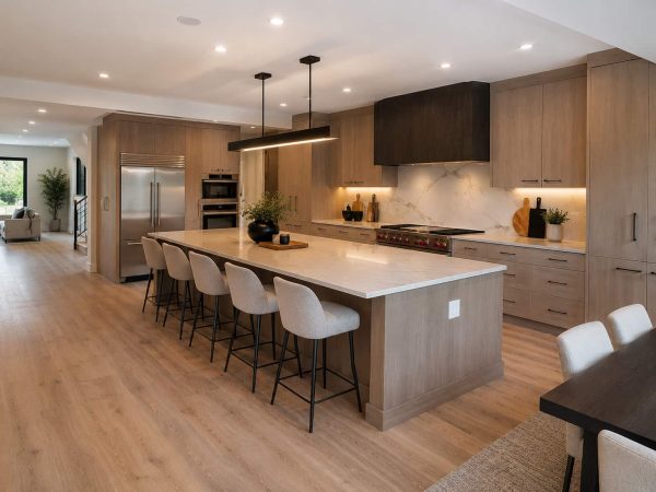 Modern brown and cream kitchen remodel featuring a large island, minimalist cabinetry, premium stainless steel appliances, modern furniture, pendant lighting, and an open-concept luxury interior design.