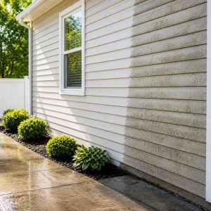 Before-and-after residential power washing showing dirty, algae-stained vinyl siding beside freshly cleaned siding, with a wet concrete walkway, landscaped garden, and bright natural daylight highlighting the dramatic cleaning results.