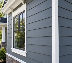 Modern fiber cement siding installation featuring gray horizontal siding, white trim, and a finished exterior wall with durable weather-resistant materials.