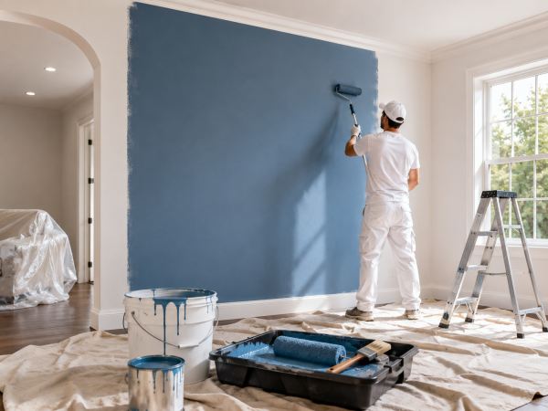 Professional painter applying blue paint to an interior wall during a residential painting service project.