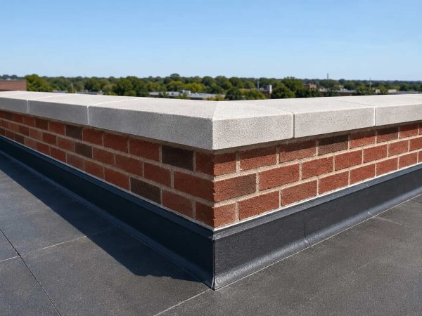Professional parapet wall with brick masonry, coping stones, and roof flashing on a flat commercial roof after parapet wall repair and restoration.