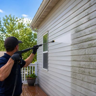 Professional power washing service cleaning the exterior vinyl siding of a residential home, showing a clear before-and-after difference as a technician removes dirt, mold, and algae with a pressure washer on a bright sunny day.