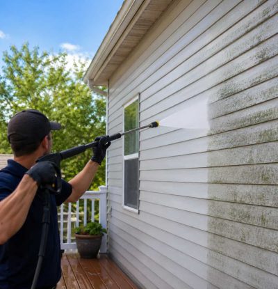 Professional power washing service cleaning the exterior vinyl siding of a residential home, showing a clear before-and-after difference as a technician removes dirt, mold, and algae with a pressure washer on a bright sunny day.