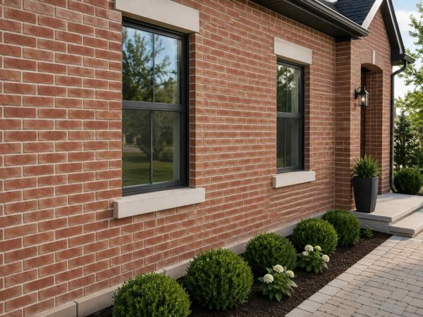 Finished brick masonry exterior on a modern residential property featuring clean brickwork, professional masonry craftsmanship, and enhanced curb appeal.