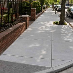 Newly completed concrete sidewalk installation in a quiet residential neighborhood, featuring smooth broom-finished concrete panels, clean expansion joints, brick retaining walls, mature street trees, landscaped front yards, and a professionally finished pedestrian walkway under natural daylight.
