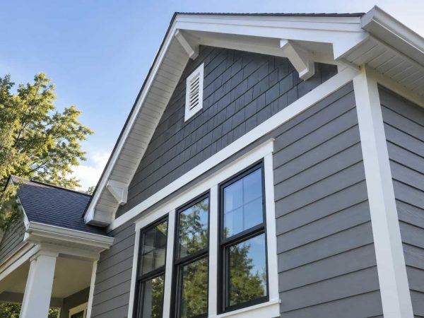 Modern fiber cement siding installation on a contemporary home featuring gray exterior cladding, white trim, large windows, and durable weather-resistant siding materials.