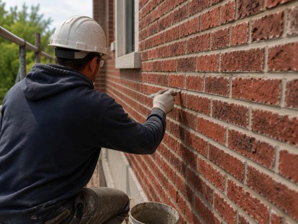 Professional tuckpointing service with a masonry contractor repairing mortar joints on a residential brick wall.